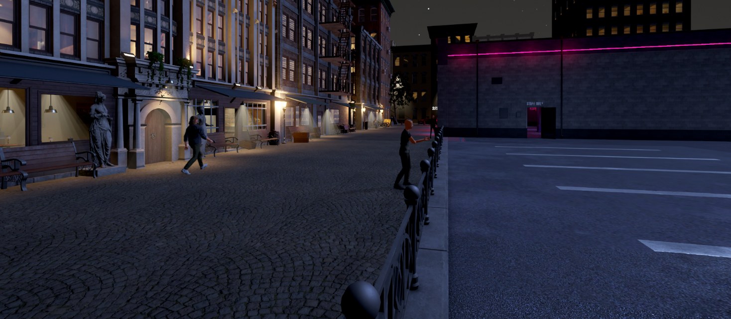 In-game view of a city street at night: shopfronts with warm lights on the left, a parking lot and a neon-lit wall on the right